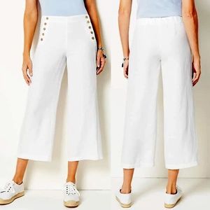 J. Jill White Linen Stretch Sailor Button Full-Leg Crop Pants